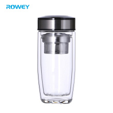 Private Label Double Wall Glass Water Bottle with Bamboo Lid, Stainless Steel and Leather Cover